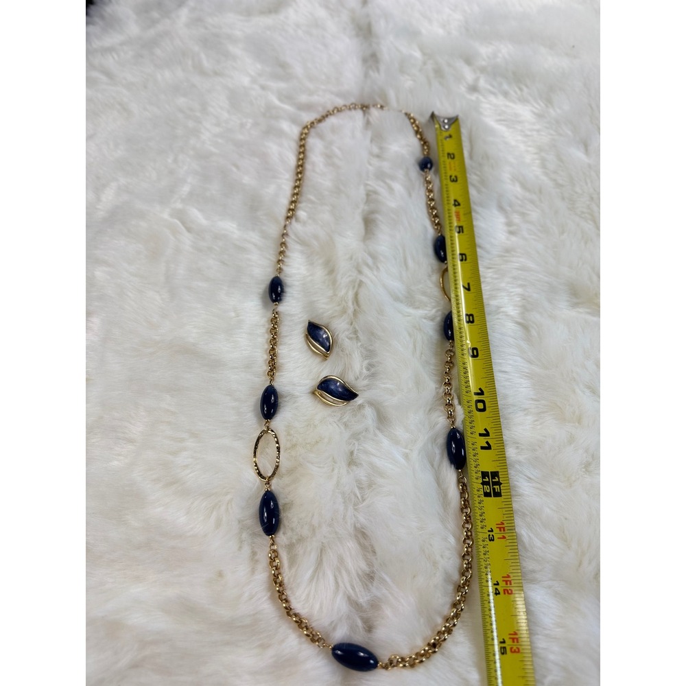 Vintage Monet Gold Tone Navy Blue Bead Station Necklace and Clip On Earring Set - Picture 5 of 9